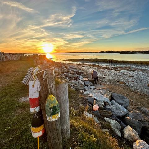 The sun sets over an inlet on Casco Bay. In the foreground is a fence, with a tidal mudflat beyond. There are several people out on the mudflat. There's another strip of land in the far distance, and a few boats moored to bouys in the water.